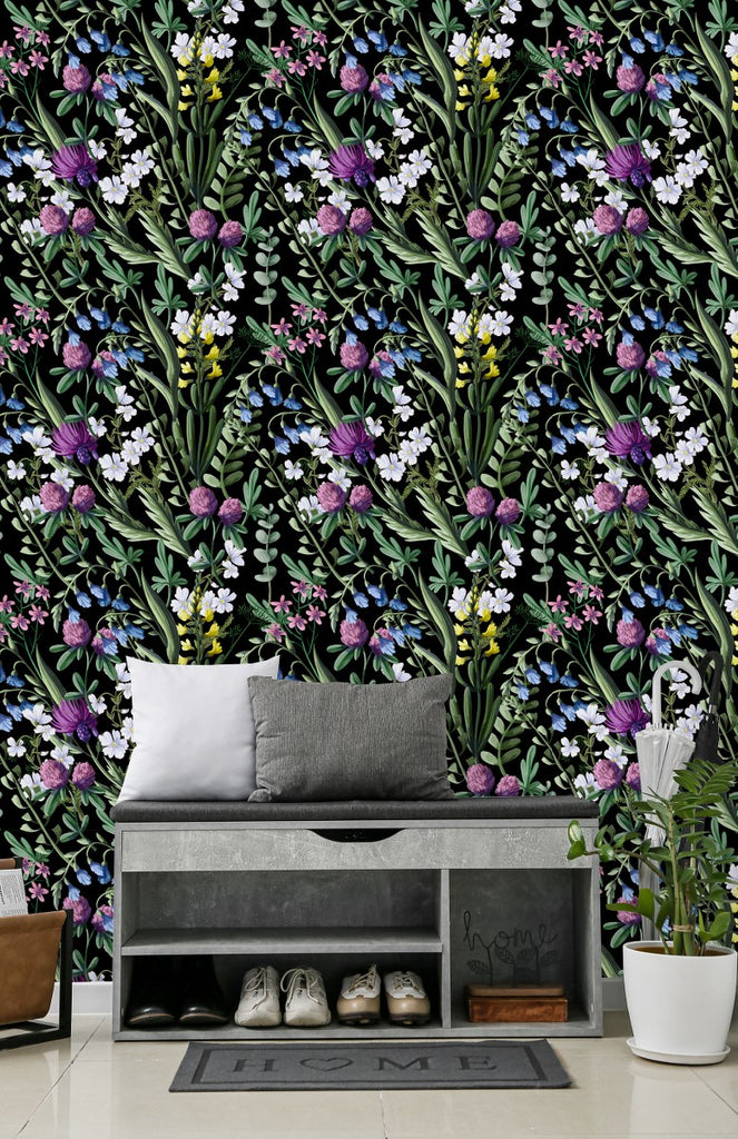 Forest Flowers on Black Background Wallpaper