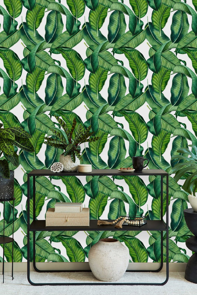 White Wallpaper with Green Leaves uniQstiQ Tropical