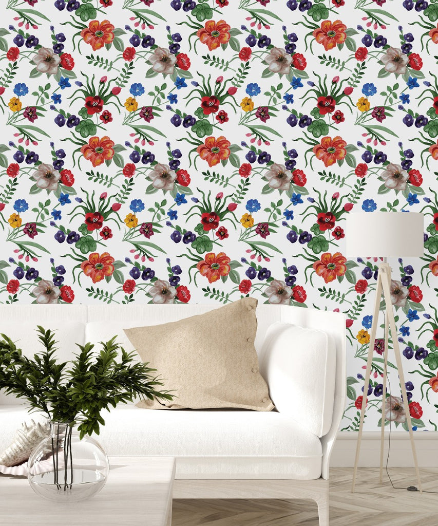White Wallpaper with Multicolored Flowers uniQstiQ Floral