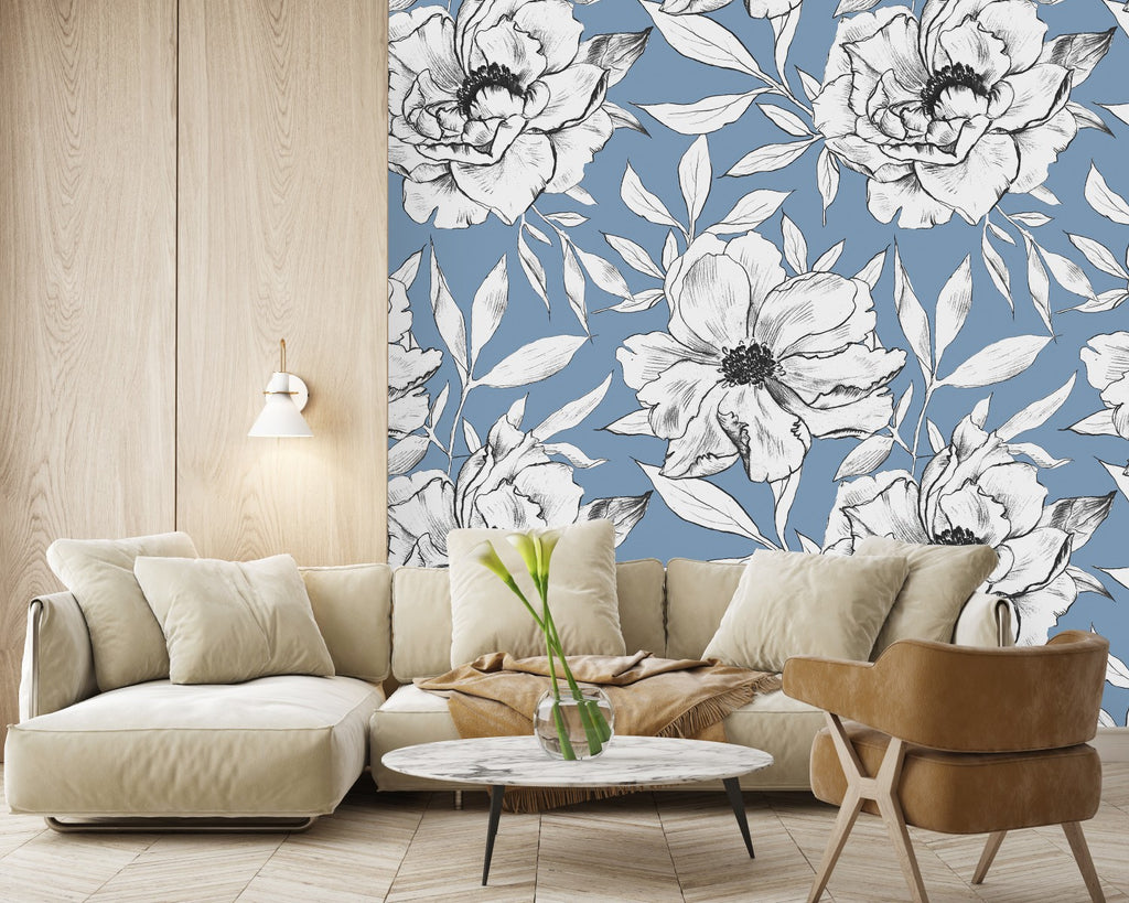 Blue Wallpaper with White Flowers uniQstiQ Murals