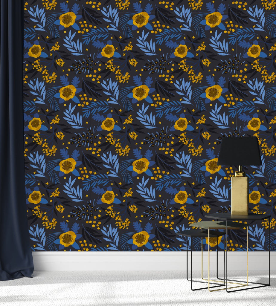 Dark Blue Wallpaper with Yellow Flowers  uniQstiQ Floral