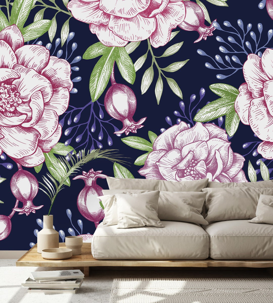 Pink Flowers on Dark Wallpaper uniQstiQ Murals