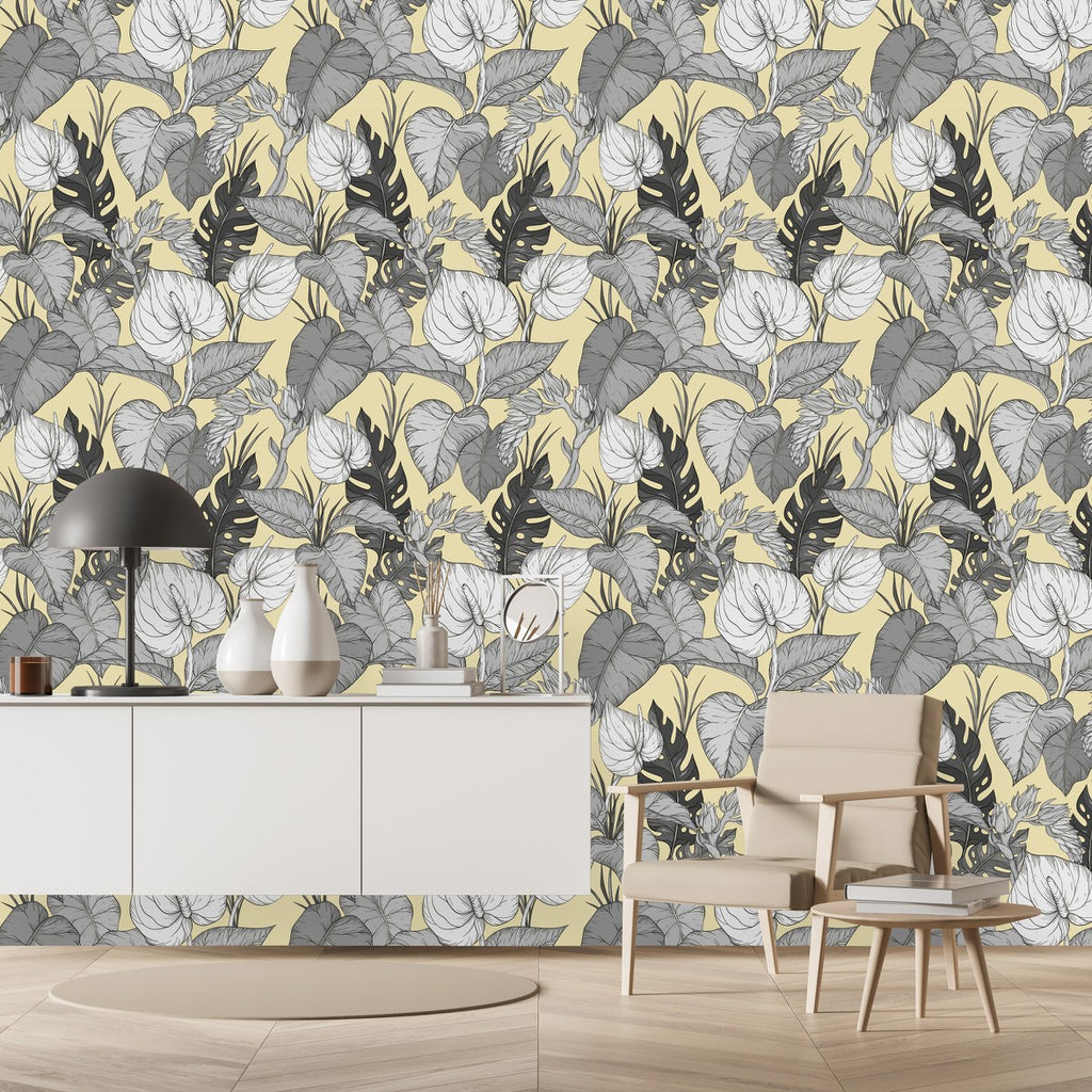 Yellow and Grey Floral Wallpaper uniQstiQ Tropical