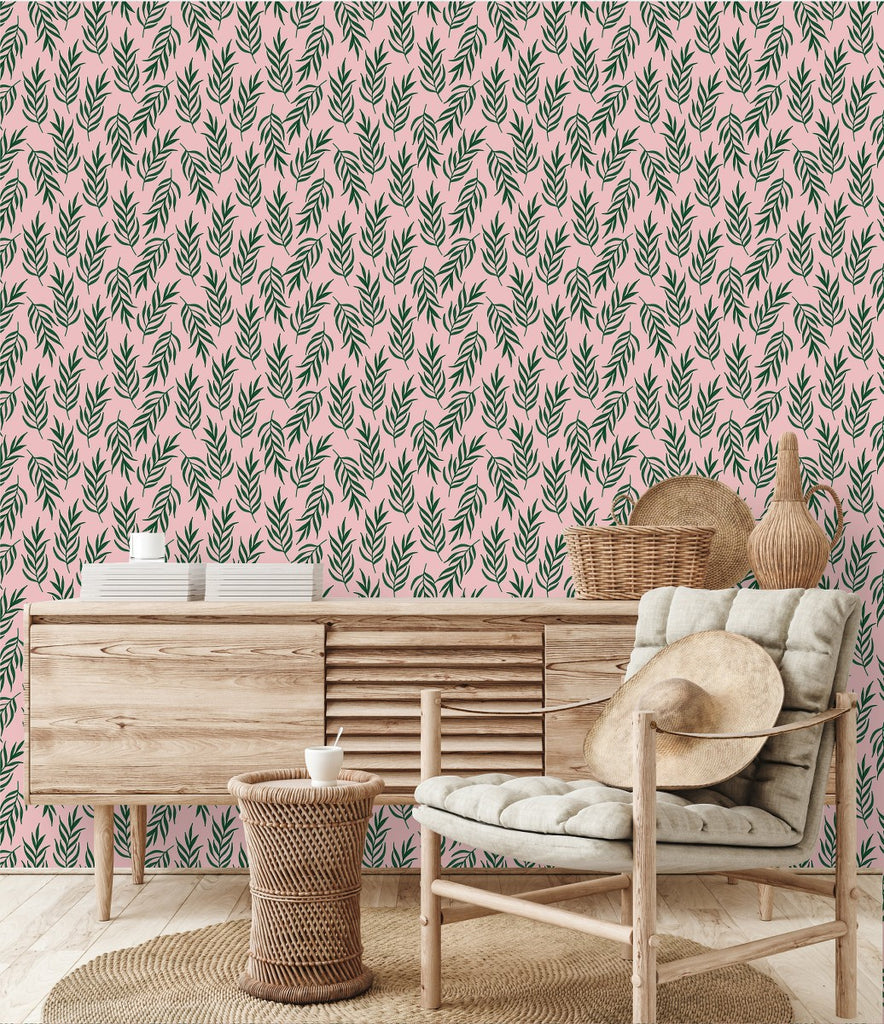Tropical Leaves on Pink Background Wallpaper