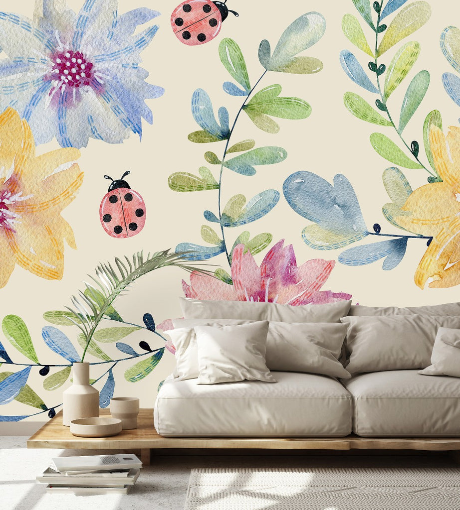 Floral Wallpaper with Ladybugs Pattern  uniQstiQ Murals