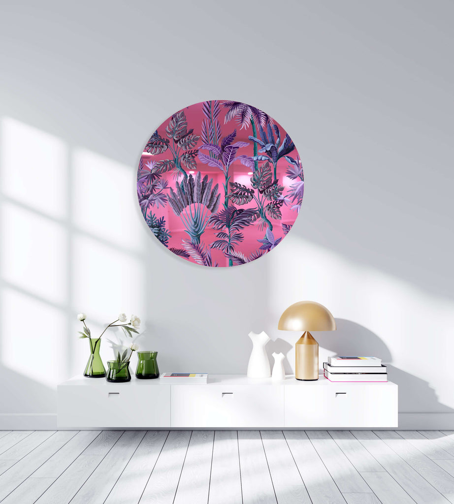 Purple Palm Leaves Mirrored Acrylic Circles Contemporary Home DǸcor Printed acrylic 