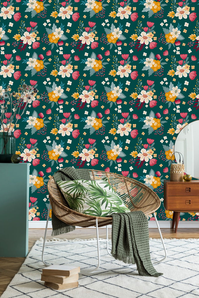 Green Wallpaper with Flowers  uniQstiQ Floral