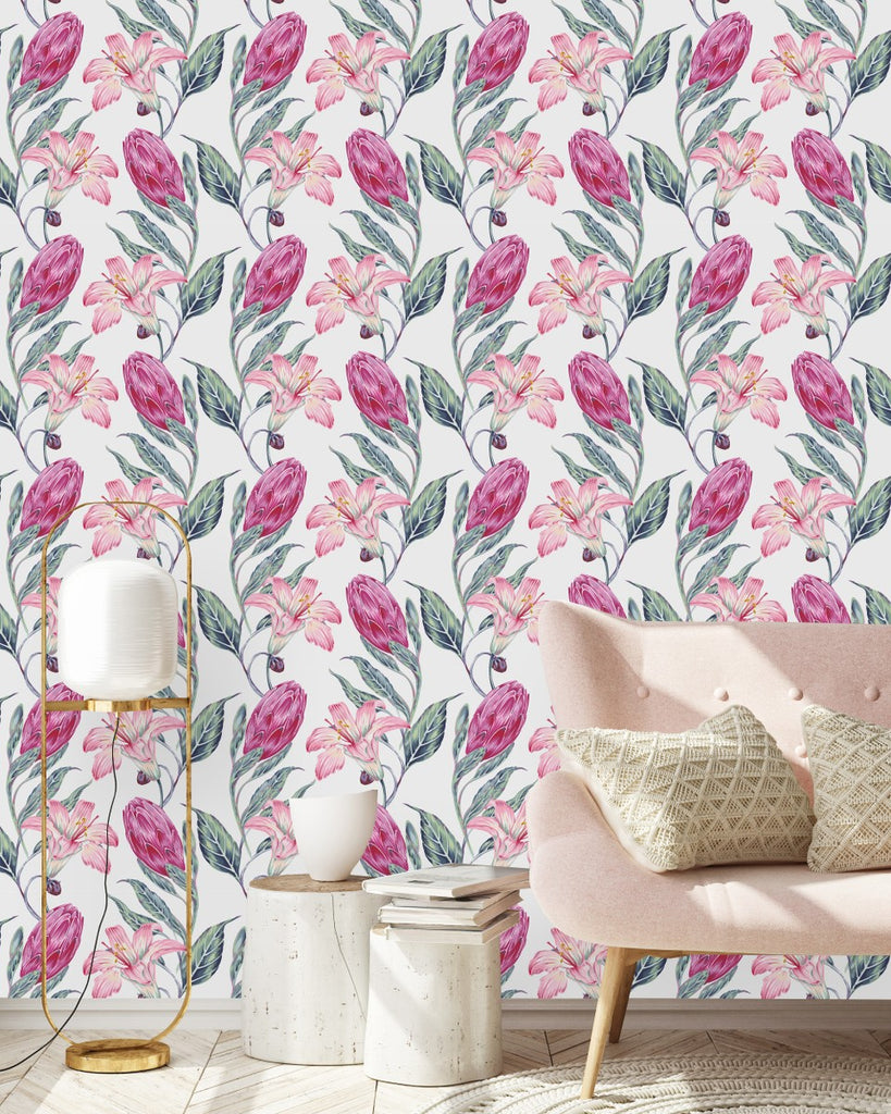 Pink Protea and Lilies  Wallpaper  uniQstiQ Floral