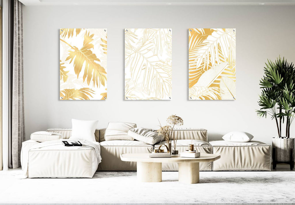 Gold and White Leaves Pattern Set of 3 Prints Modern Wall Art Modern Artwork Image 1