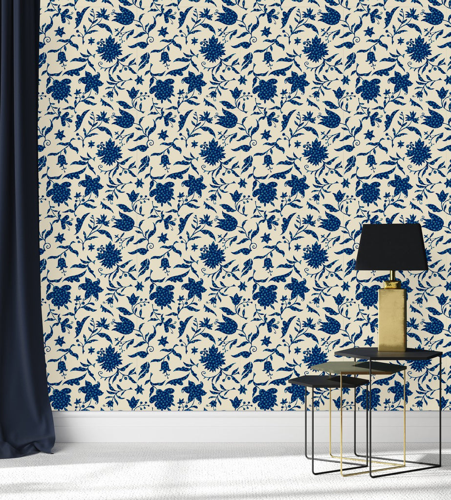 Blue Flowers on Beige Background Wallpaper  uniQstiQ Botanical
