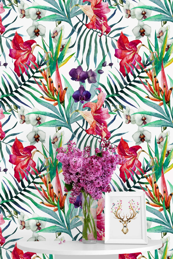 uniQstiQ Tropical Orchid and Palm Leaves Wallpaper Wallpaper