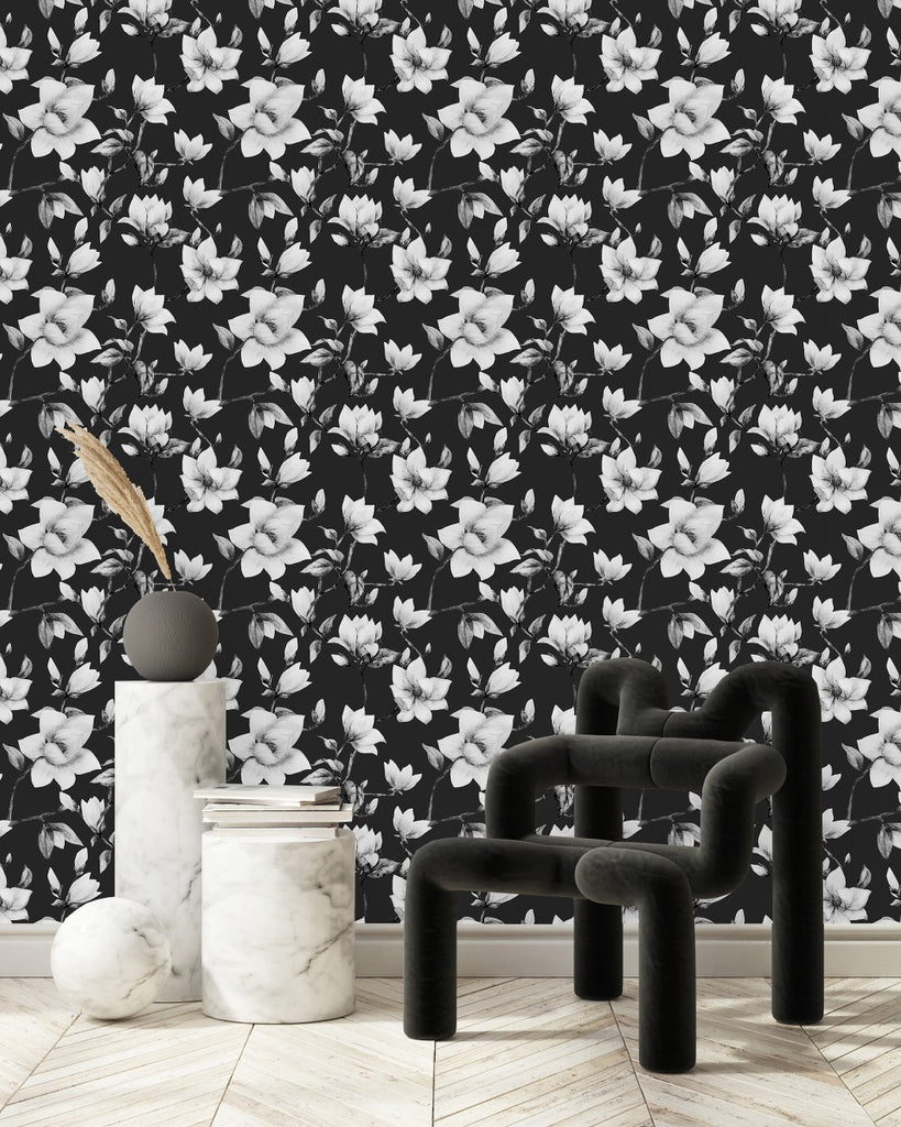 Black Wallpaper with White Flowers uniQstiQ Floral