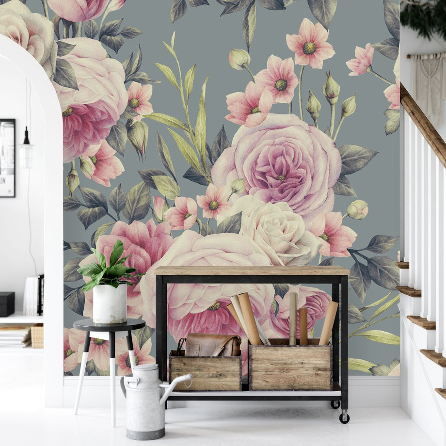 Pink Grey White Floral Rose Bloom Flower Wall Mural Feature Wallpaper | DIY  at B&Q