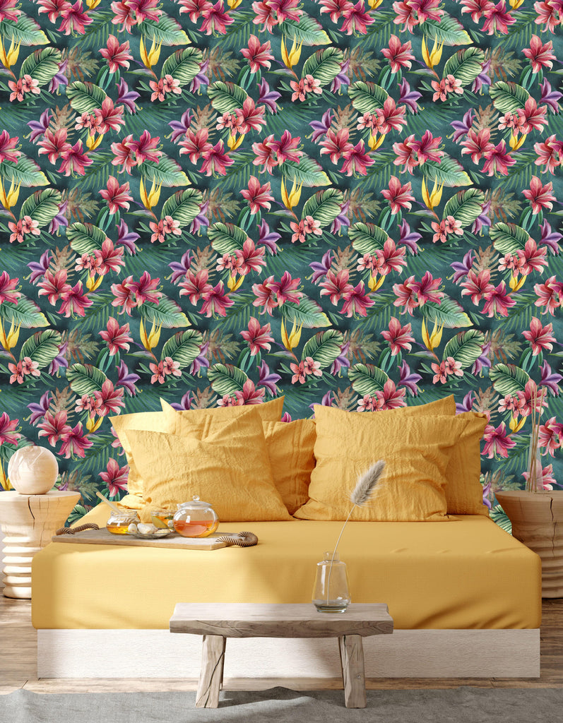 uniQstiQ Tropical Palm and Leaves on Dark Background Wallpaper Wallpaper