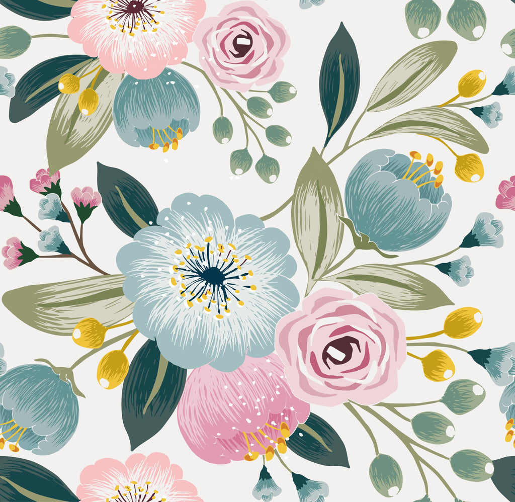 uniQstiQ Floral Pastel Flowers on White Wallpaper Wallpaper
