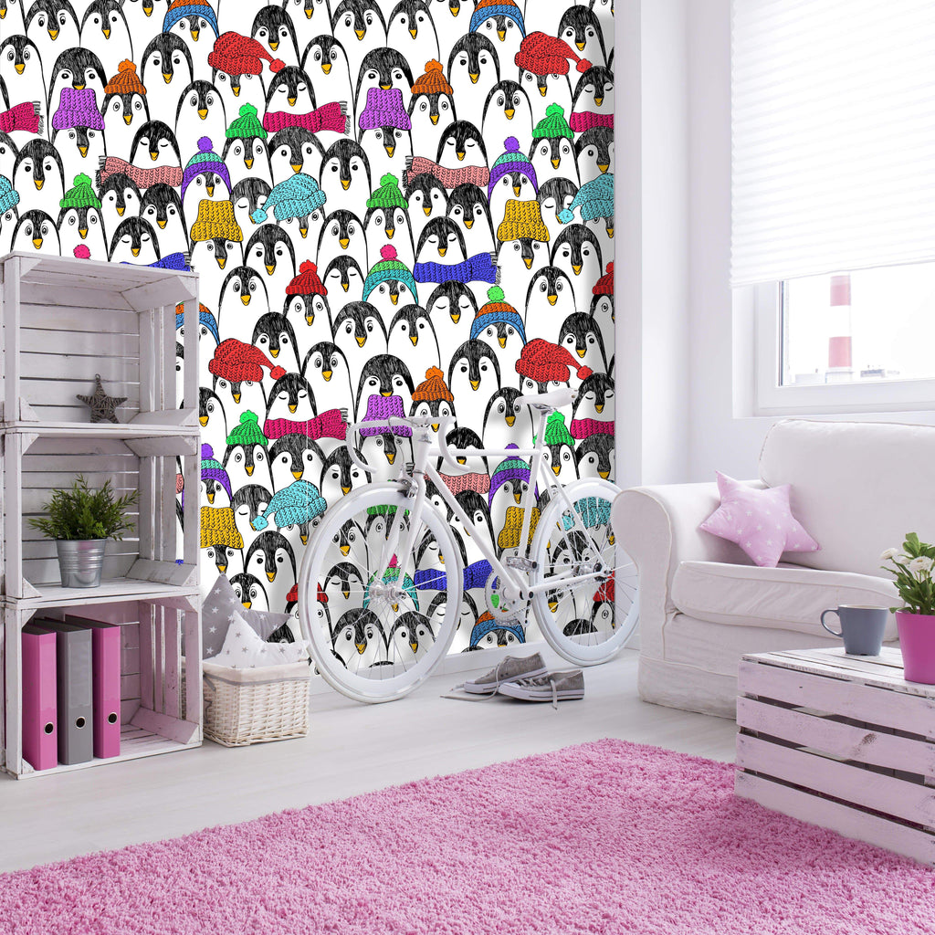 uniQstiQ Kids Penguins in Colorful Hats and Scarves Wallpaper Wallpaper