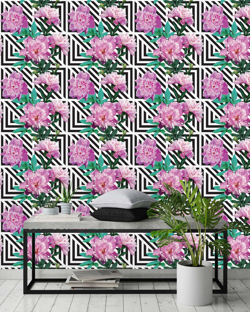 uniQstiQ Floral Peony on Geometric Background Wallpaper Wallpaper
