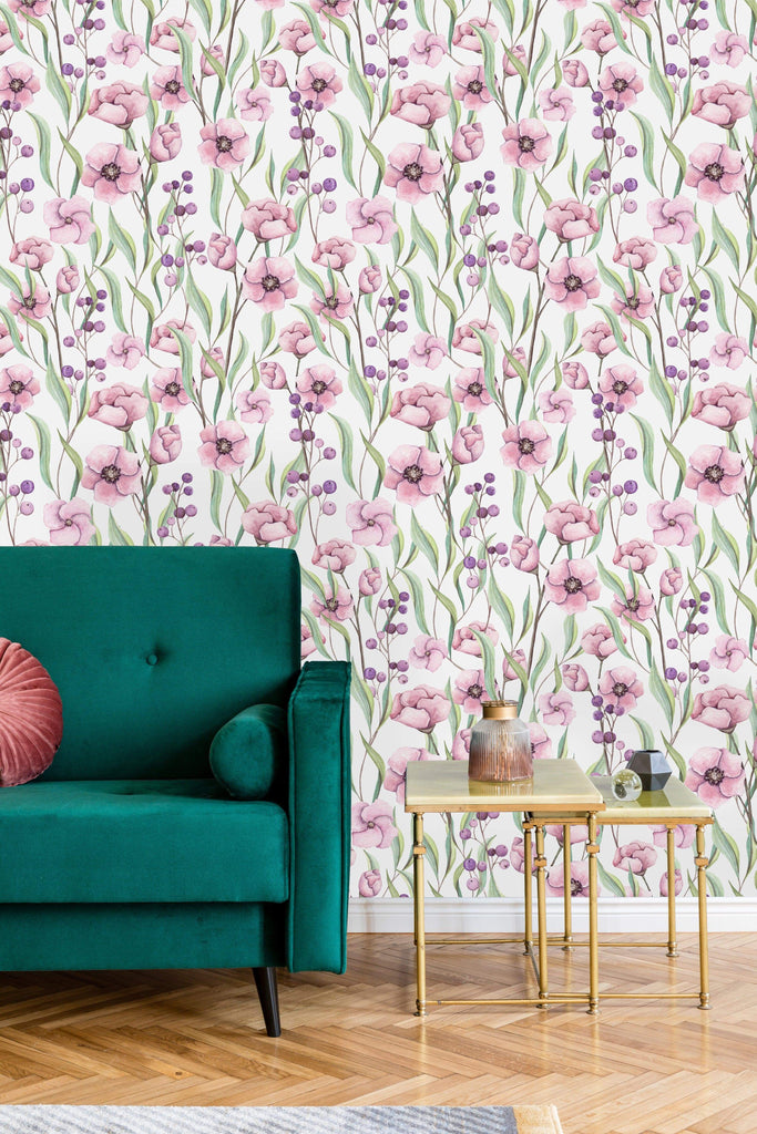 uniQstiQ Floral Pink Flowers and Wild Berries Wallpaper Wallpaper