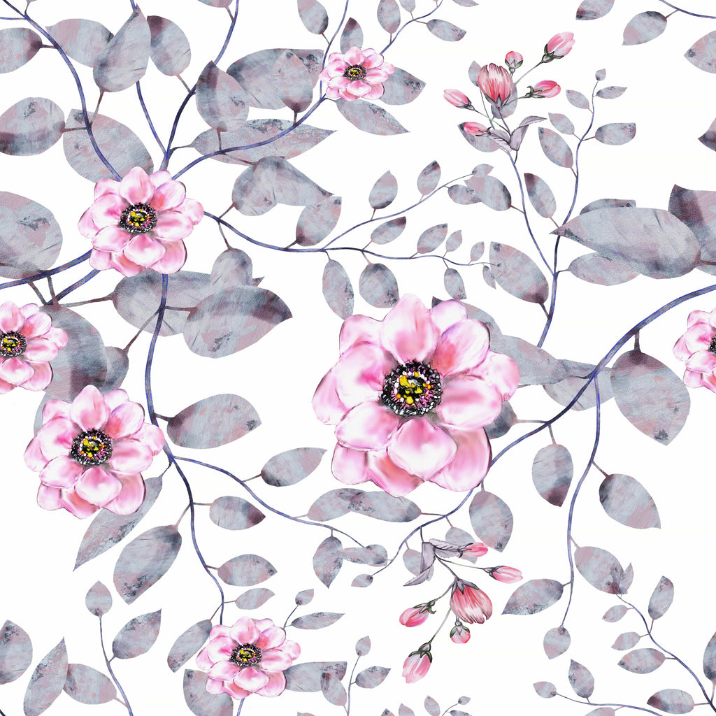 uniQstiQ Floral Pink Flowers with Gray Leaves Wallpaper Wallpaper