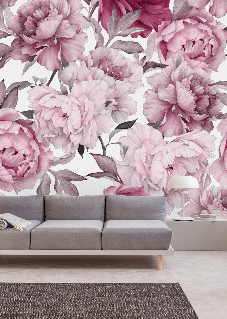 uniQstiQ Murals Pink Peony on White Background Wallpaper Mural Wallpaper
