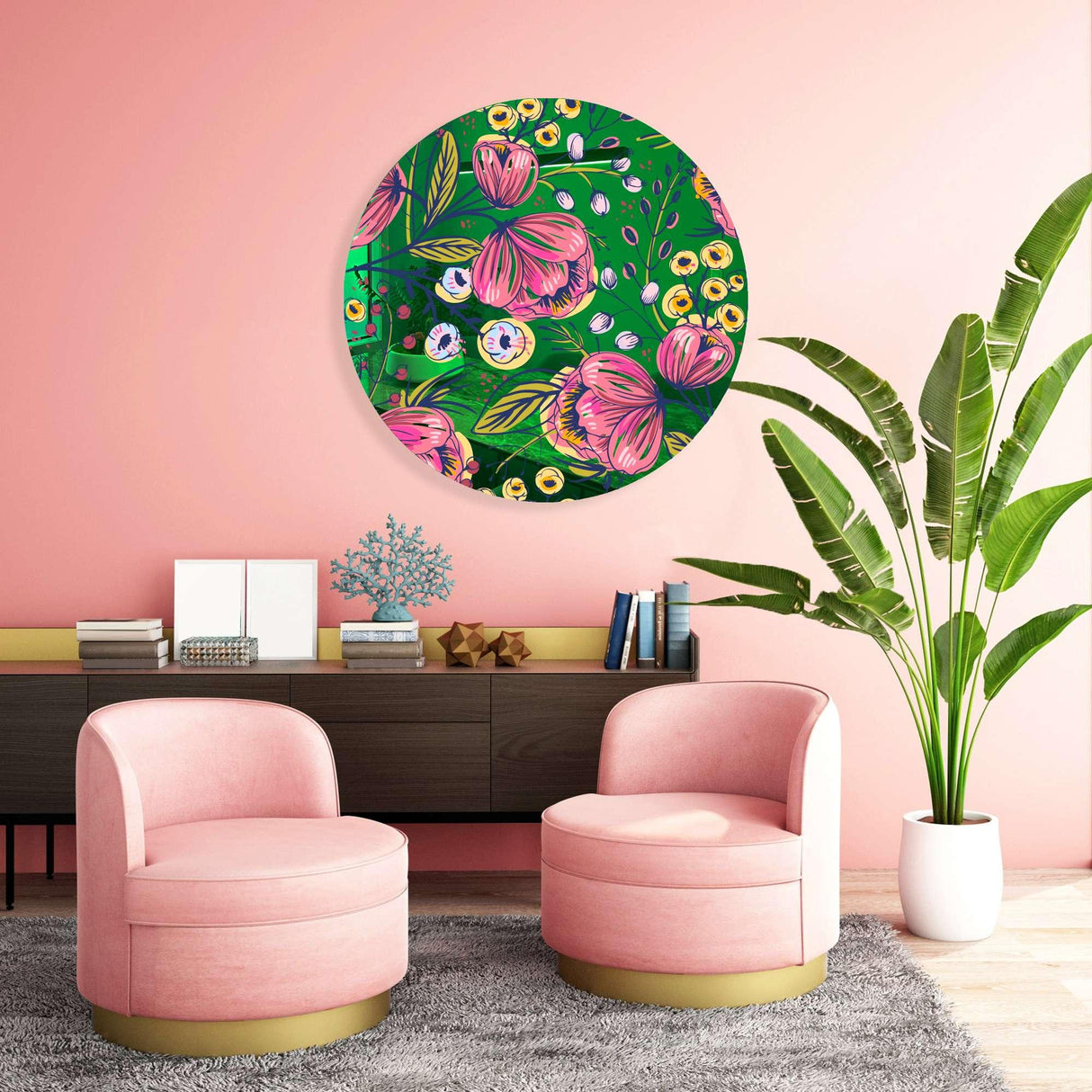 Pink Poppy Flowers Mirrored Acrylic Circles Contemporary Home DǸcor Printed acrylic 