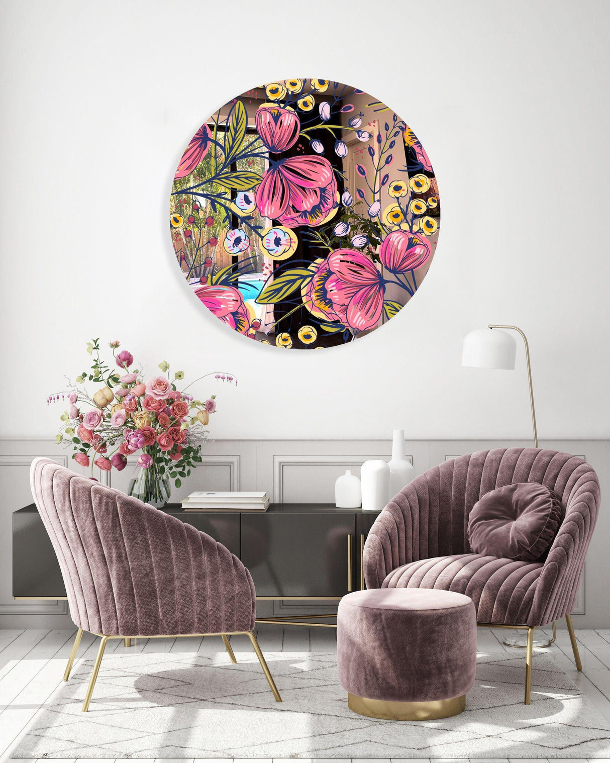Pink Poppy Flowers Mirrored Acrylic Circles Contemporary Home DǸcor Printed acrylic 