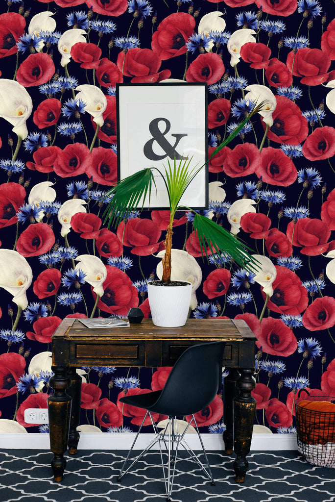 uniQstiQ Floral Poppy and Calla Lily Flowers Wallpaper Wallpaper