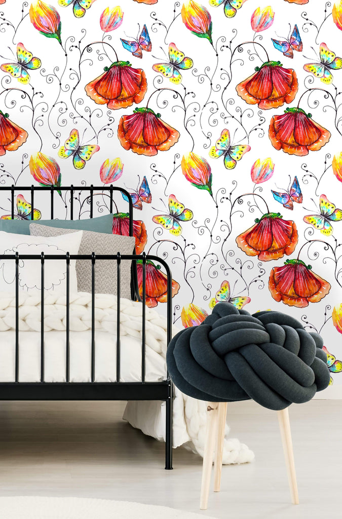 uniQstiQ Floral Poppy Flowers and Butterflies Wallpaper Wallpaper
