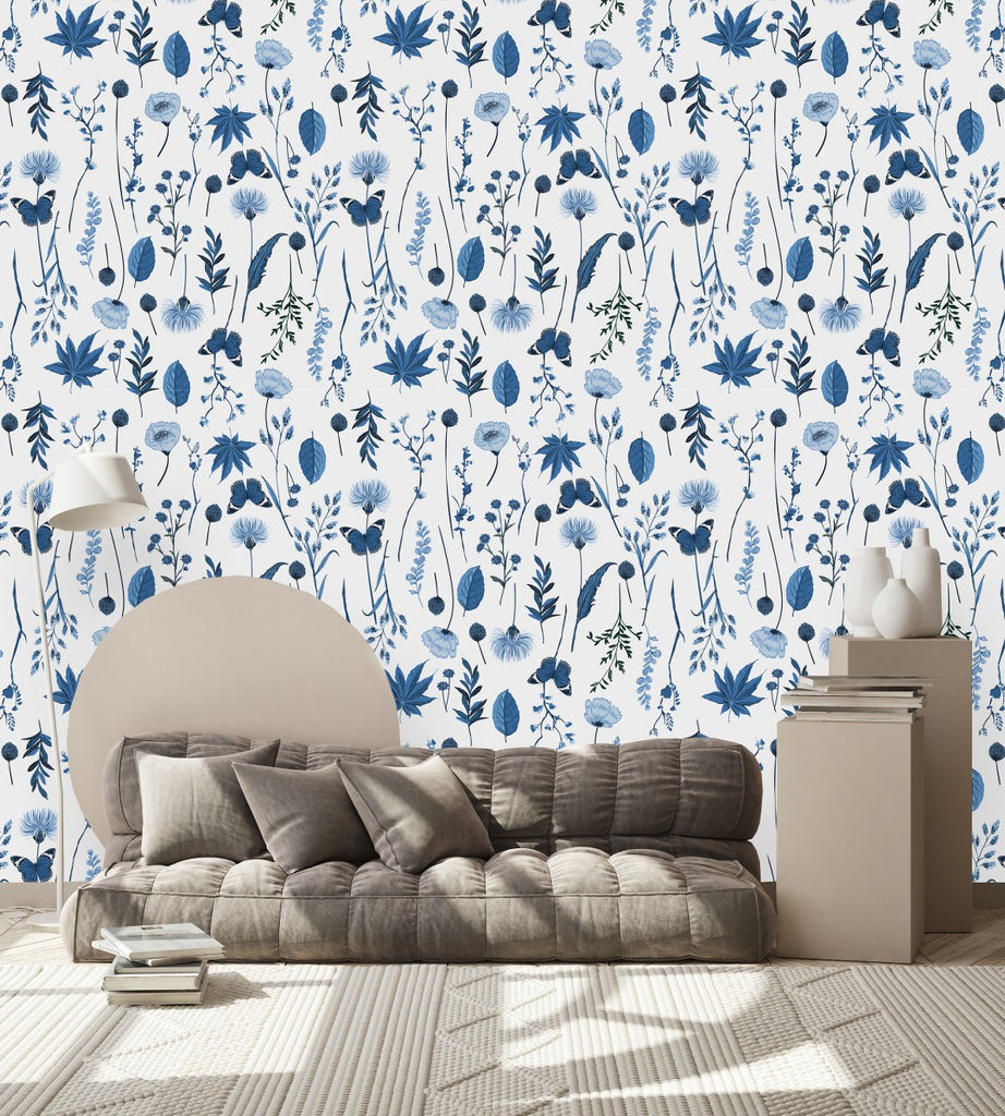 Blue Flowers and Batterflies Wallpaper uniQstiQ Floral
