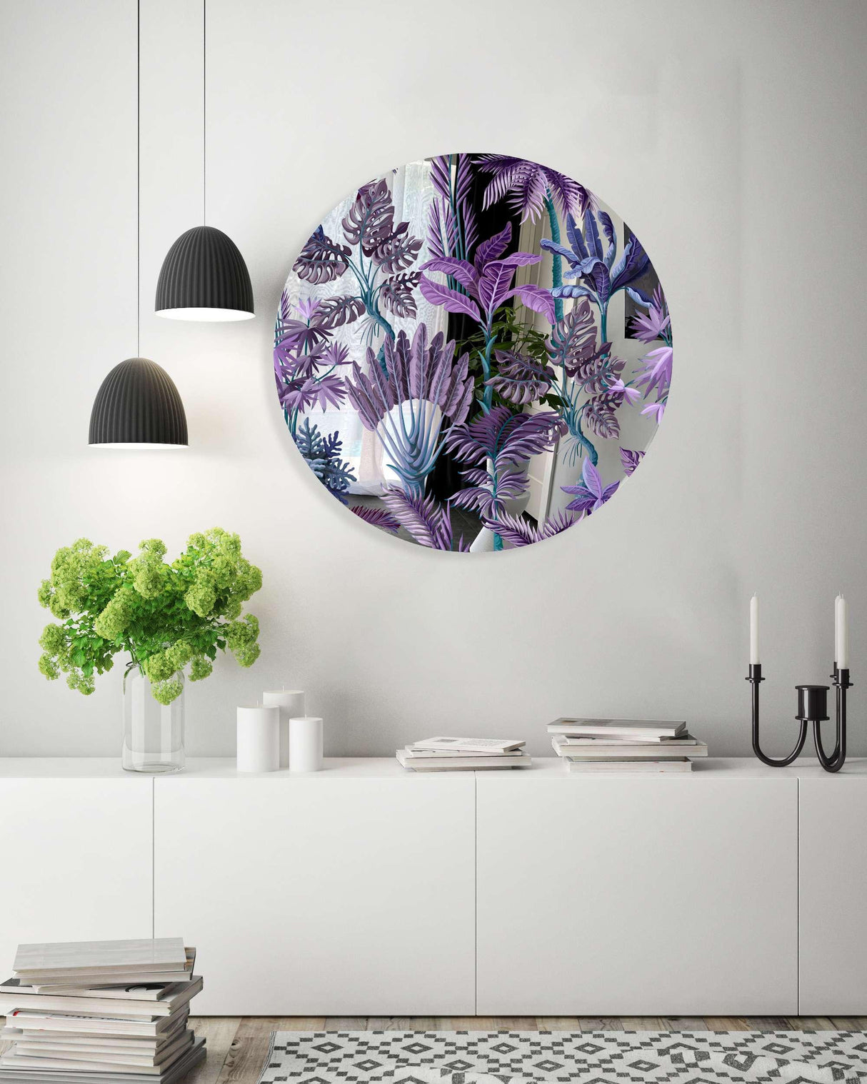 Purple Palm Leaves Mirrored Acrylic Circles Contemporary Home DǸcor Printed acrylic 