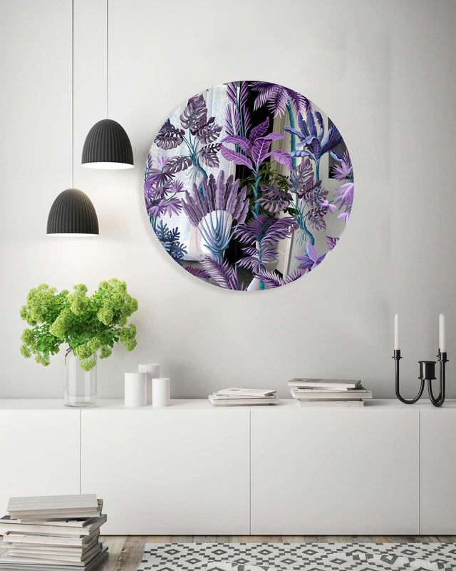 Purple Palm Leaves Mirrored Acrylic Circles Contemporary Home DǸcor Printed acrylic 