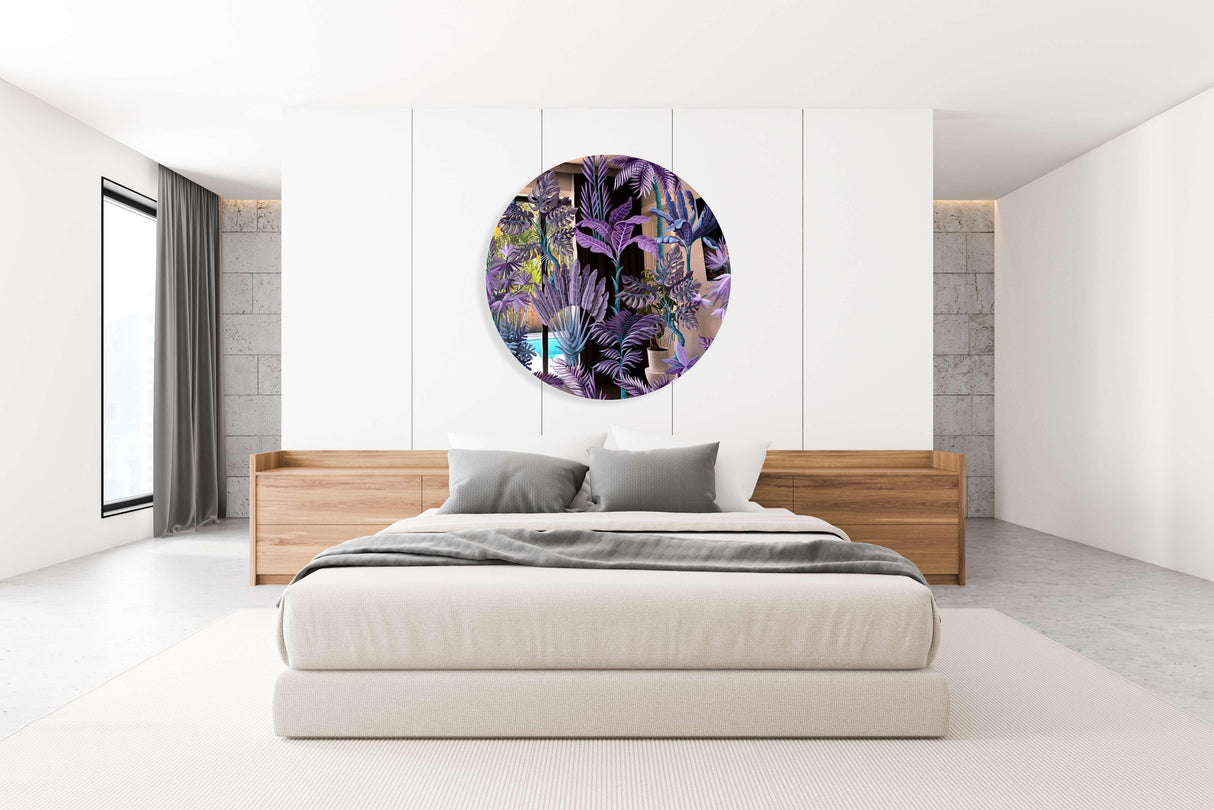 Purple Palm Leaves Mirrored Acrylic Circles Contemporary Home DǸcor Printed acrylic 