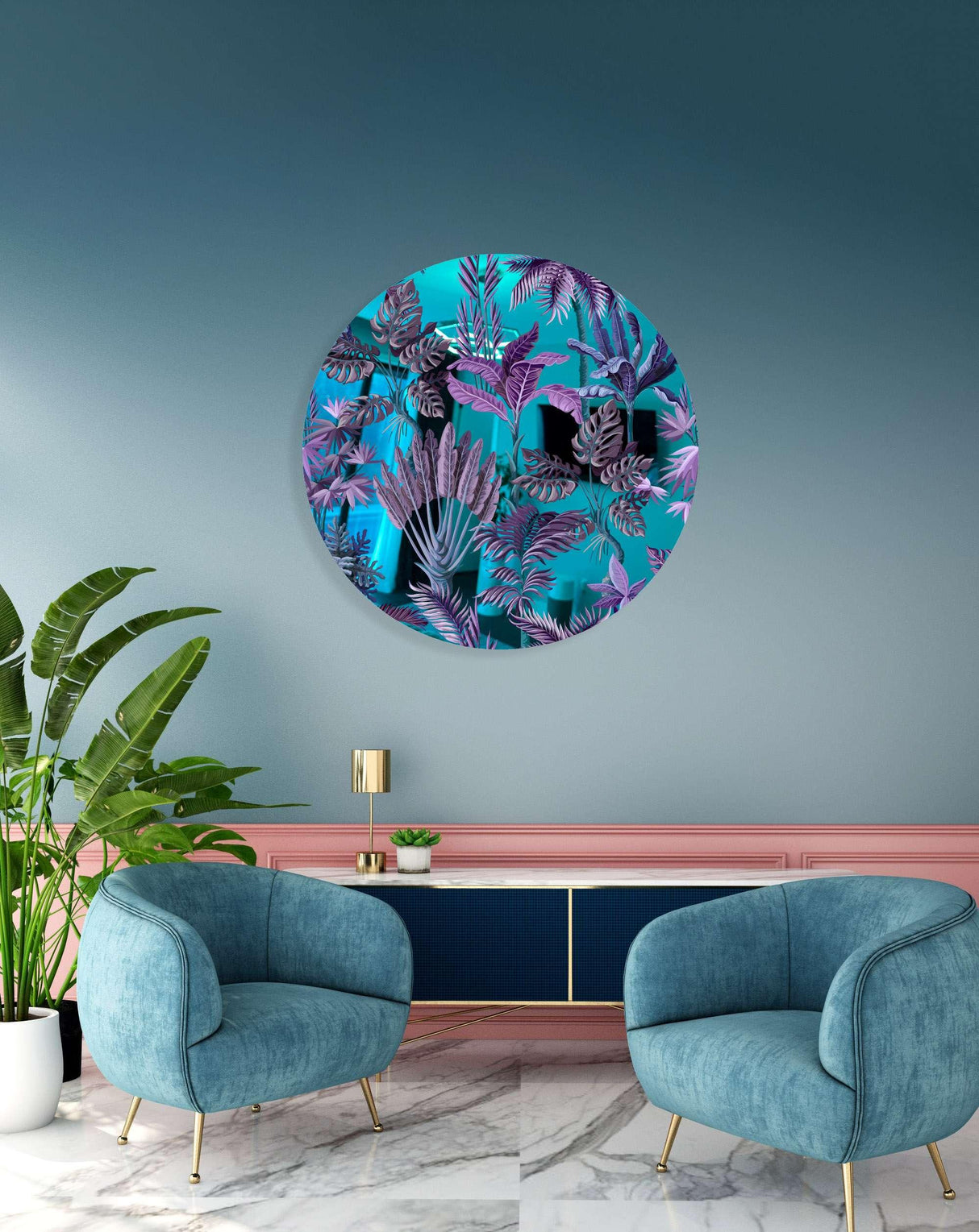 Purple Palm Leaves Mirrored Acrylic Circles Contemporary Home DǸcor Printed acrylic 