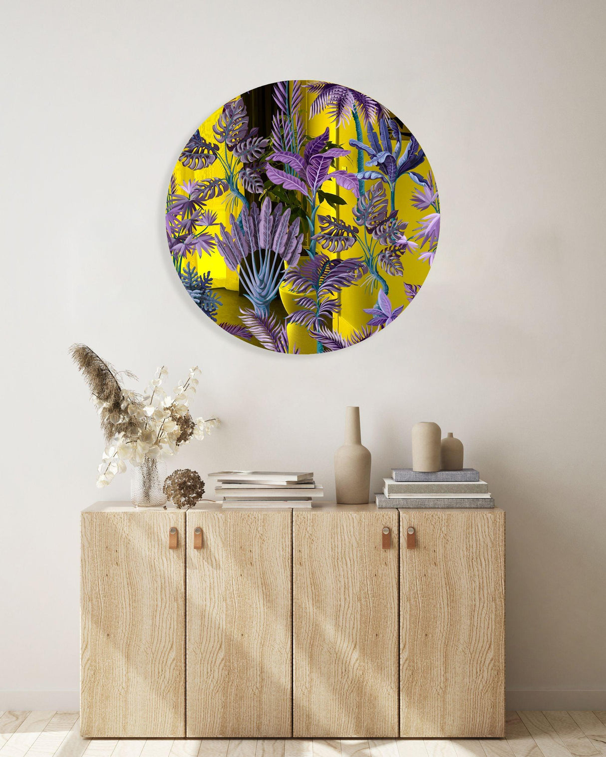 Purple Palm Leaves Mirrored Acrylic Circles Contemporary Home DǸcor Printed acrylic 