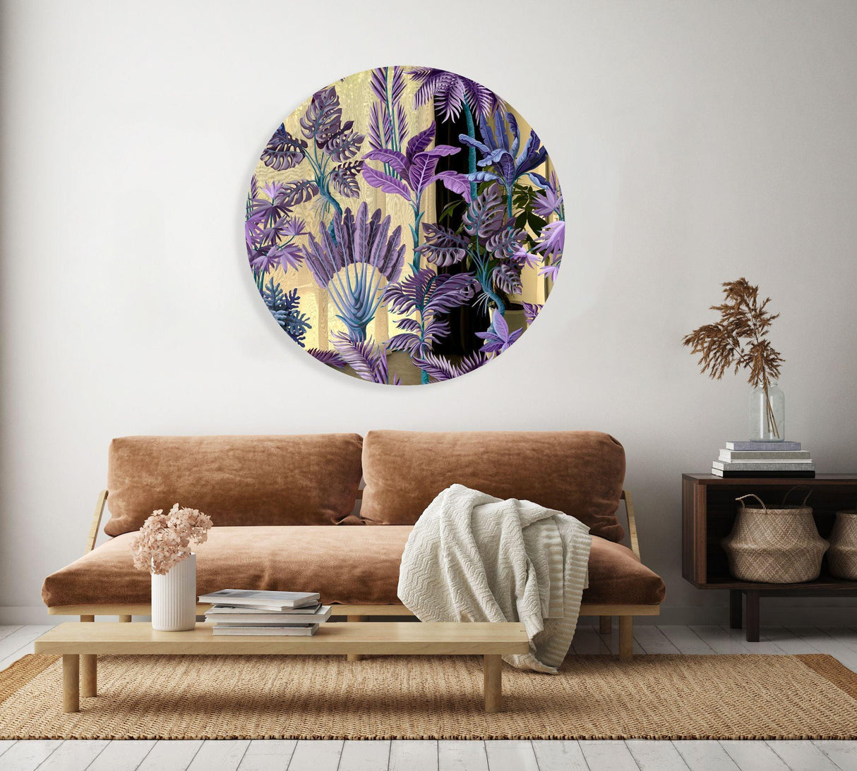 Purple Palm Leaves Mirrored Acrylic Circles Contemporary Home DǸcor Printed acrylic 