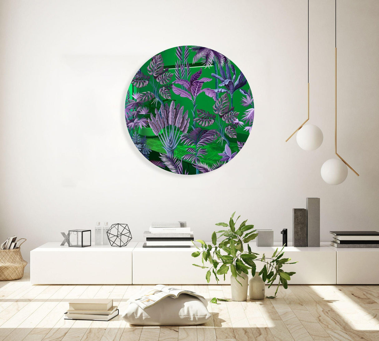 Purple Palm Leaves Mirrored Acrylic Circles Contemporary Home DǸcor Printed acrylic 