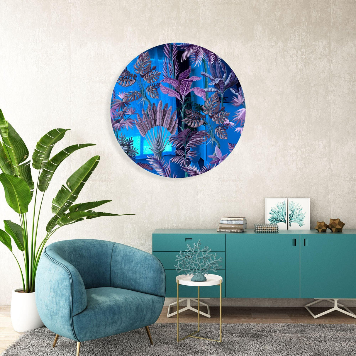 Purple Palm Leaves Mirrored Acrylic Circles Contemporary Home DǸcor Printed acrylic 