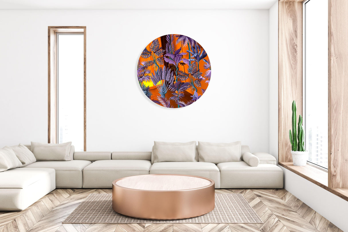 Purple Palm Leaves Mirrored Acrylic Circles Contemporary Home DǸcor Printed acrylic 