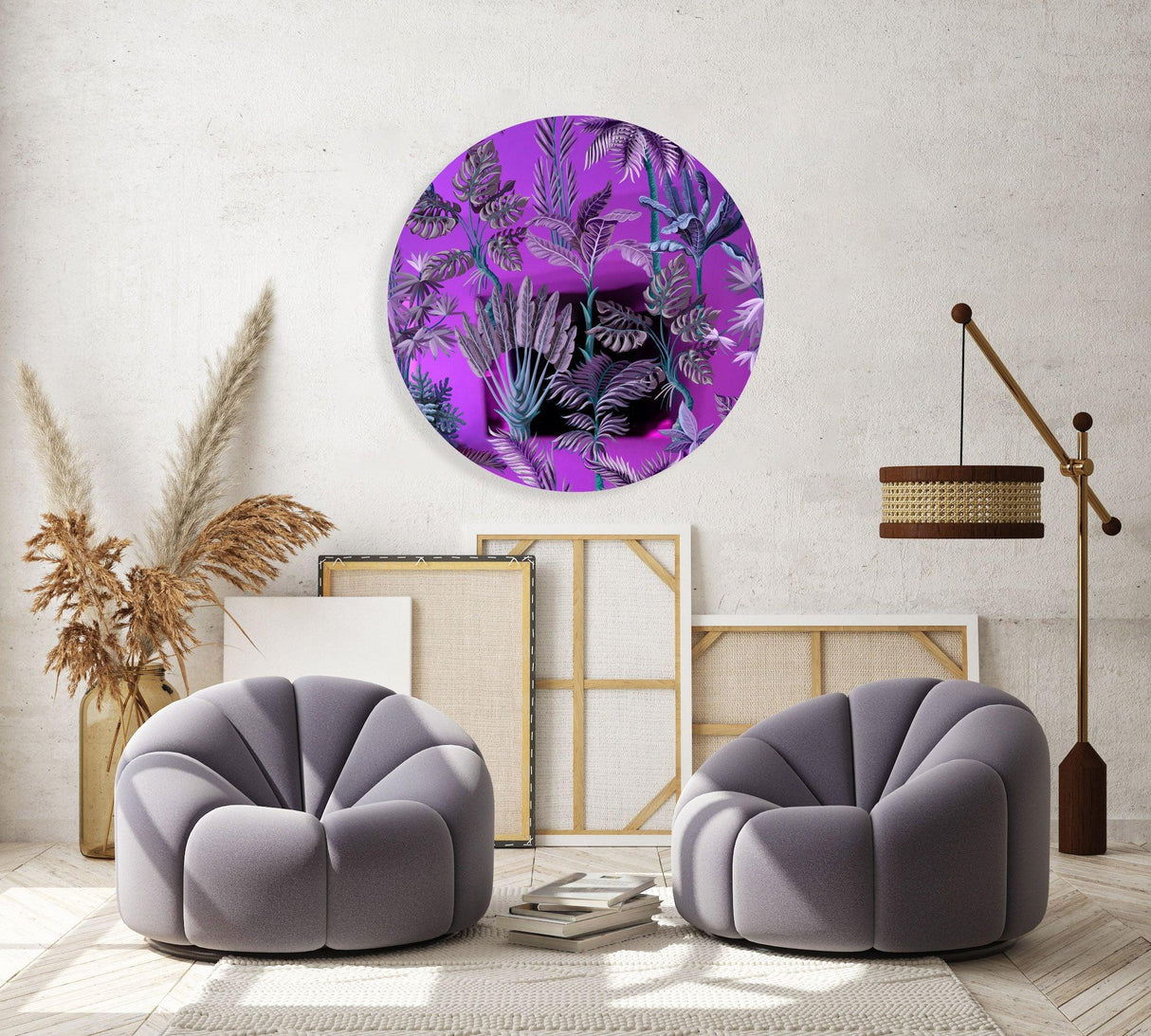 Purple Palm Leaves Mirrored Acrylic Circles Contemporary Home DǸcor Printed acrylic 