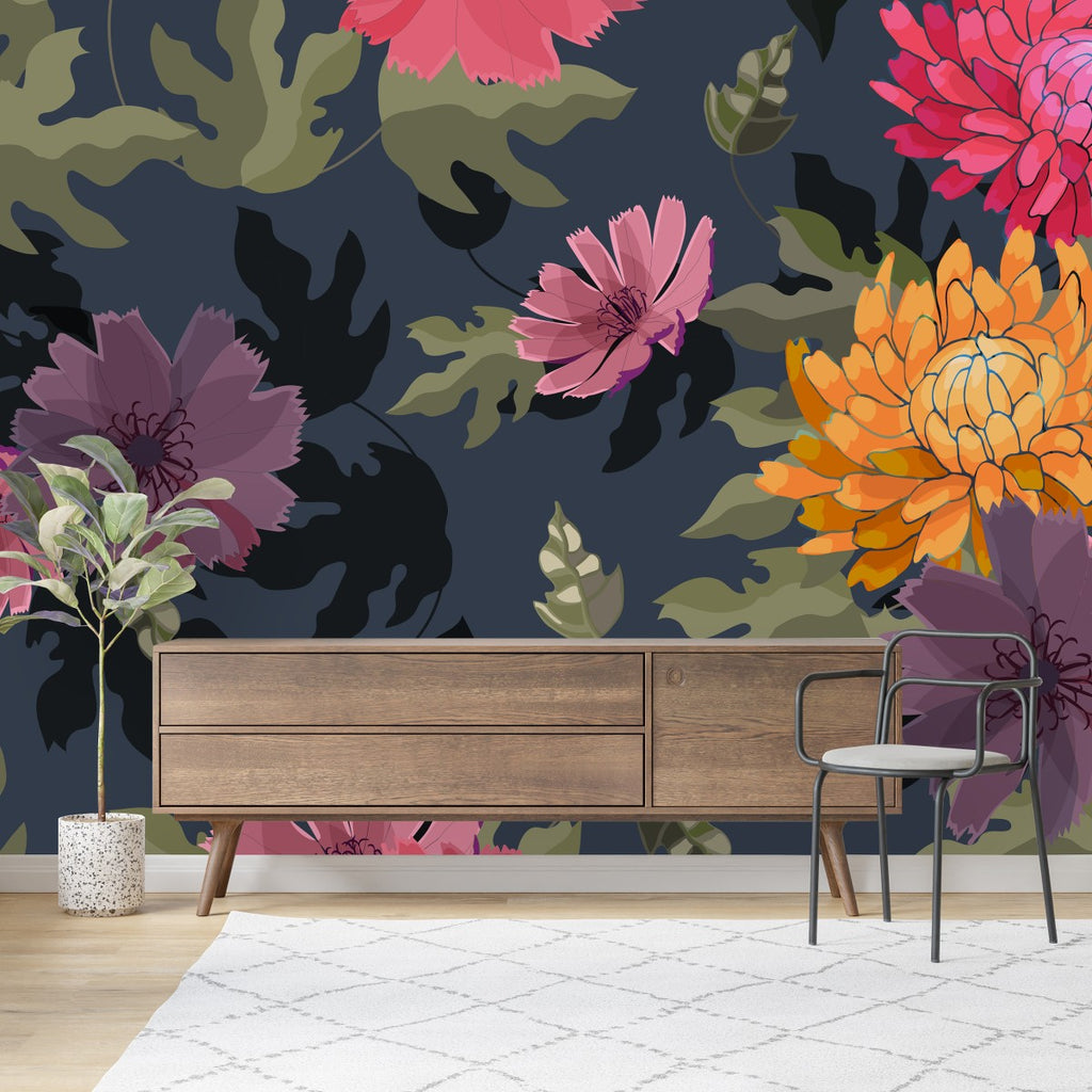 Dark Wallpaper with Brightly Flowers uniQstiQ Long Murals