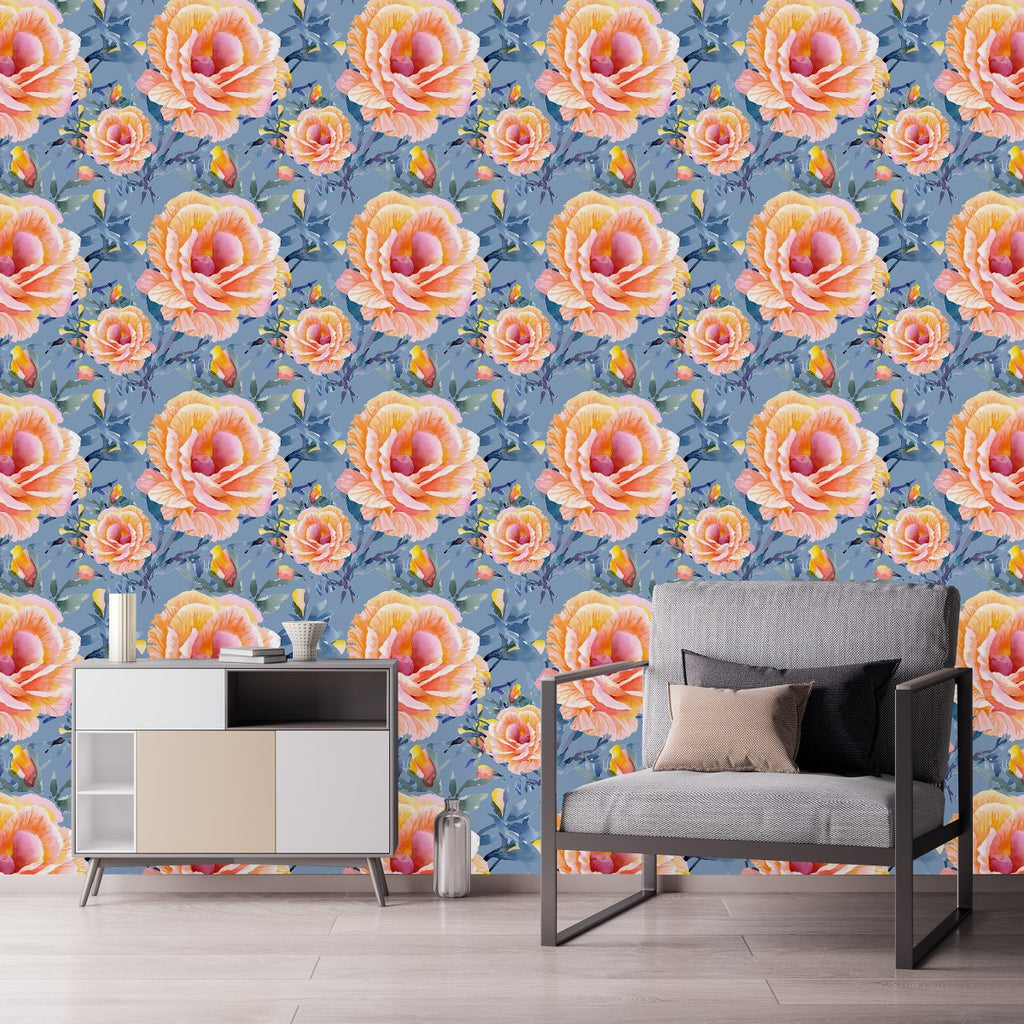 Blue Wallpaper with Roses uniQstiQ Floral