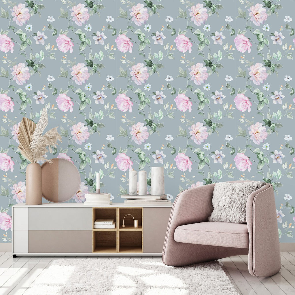 Grey Wallpaper with Pink Peonies uniQstiQ Floral