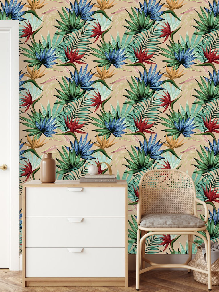 Tropical Leaves on Beige Background Wallpaper