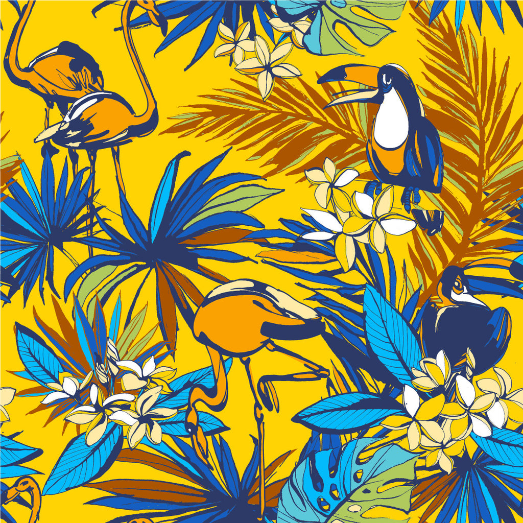 Yellow Wallpaper with Exotic Birds  uniQstiQ Tropical