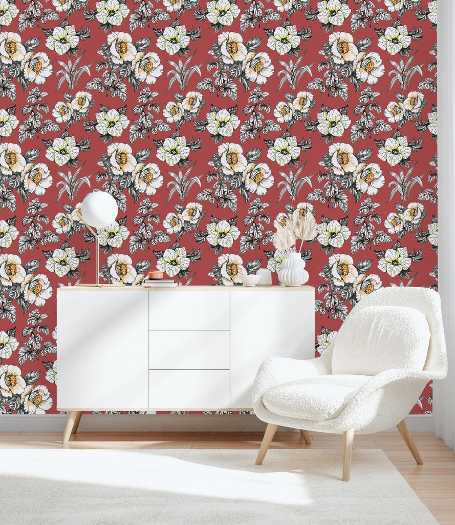 Red Wallpaper with Flowers uniQstiQ Floral