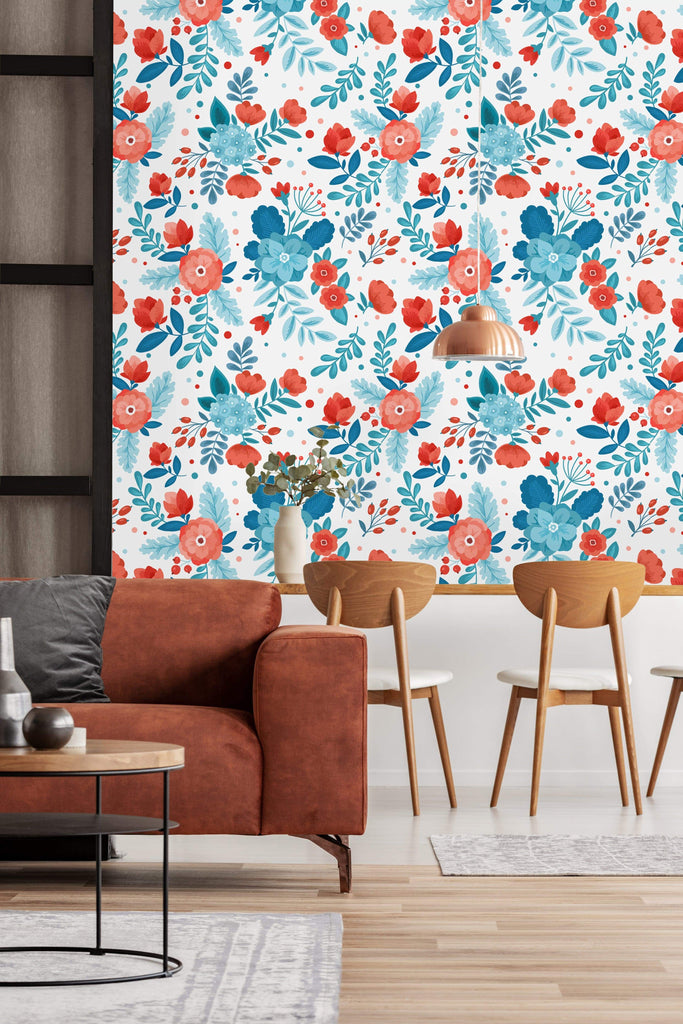 uniQstiQ Floral Red and Blue Flowers Wallpaper Wallpaper