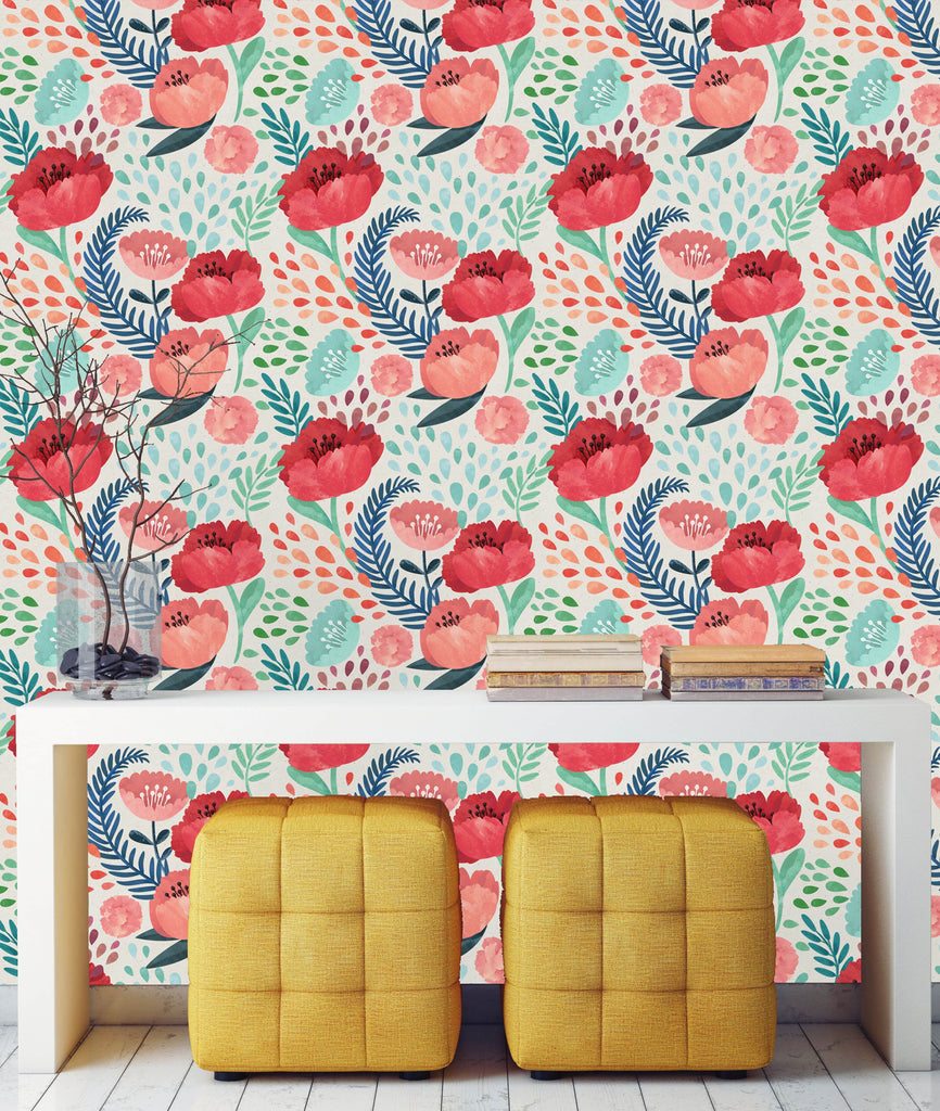 uniQstiQ Floral Retro Poppy Pattern Wallpaper Wallpaper