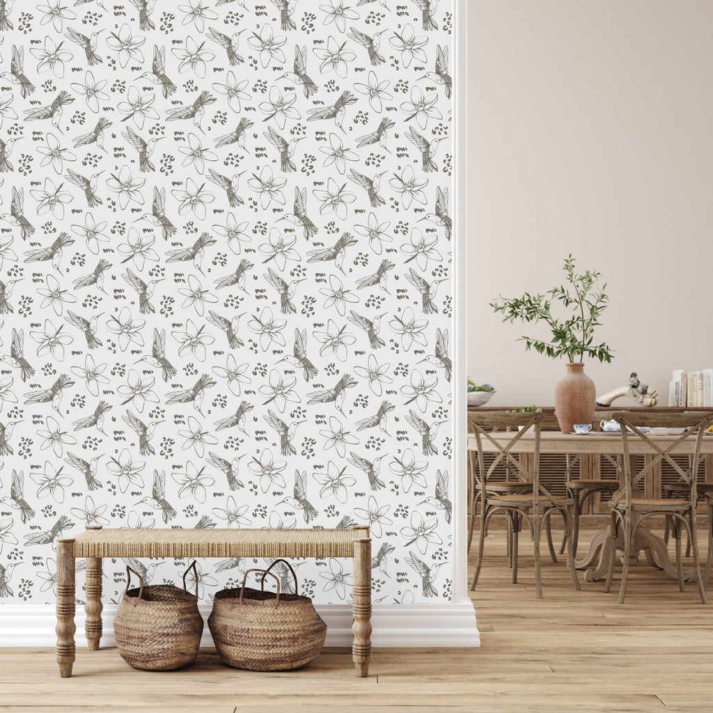 Grey Humingbirds and Flowers Wallpaper  uniQstiQ Floral