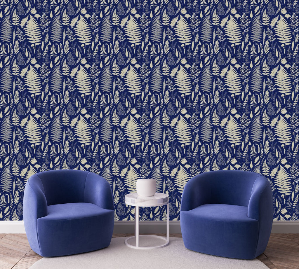 Dark Blue Wallpaper with Fern Leaves  uniQstiQ Botanical
