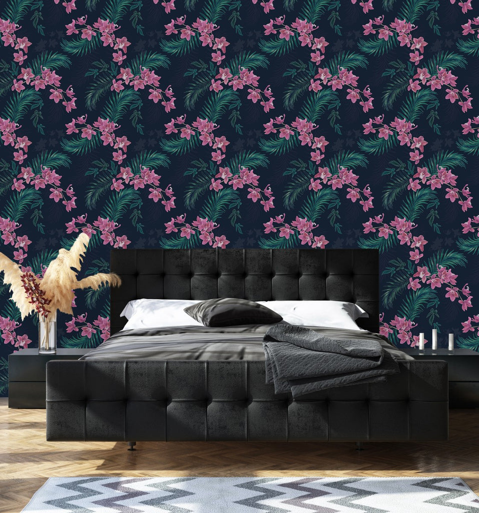 Dark Wallpaper with Little Pink Flowers uniQstiQ Floral